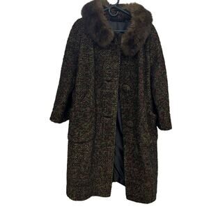 VTG Carlton Deb Jacket Womens Wool? Speckled Faux? Fur Collared Pea Coat READ